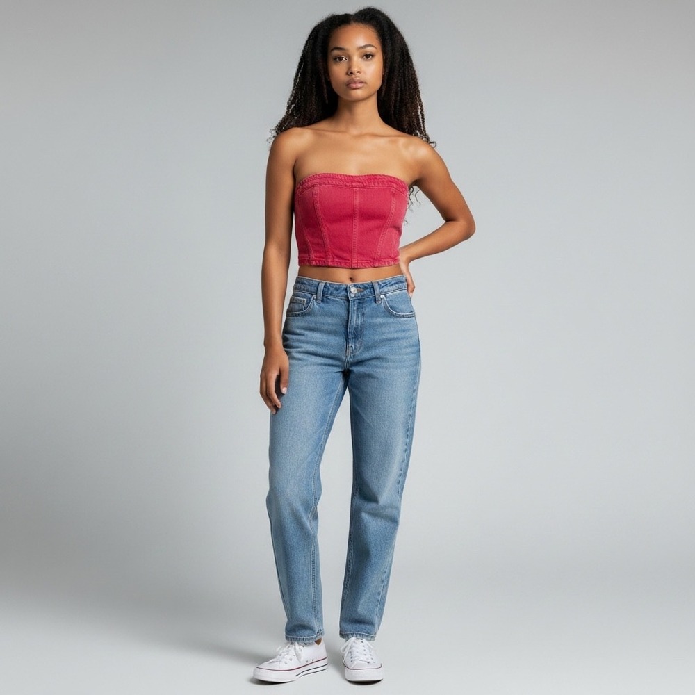 Zara Tube Top Womens Pink Denim Corset Strapless Crop Zip Back 100% Cotton